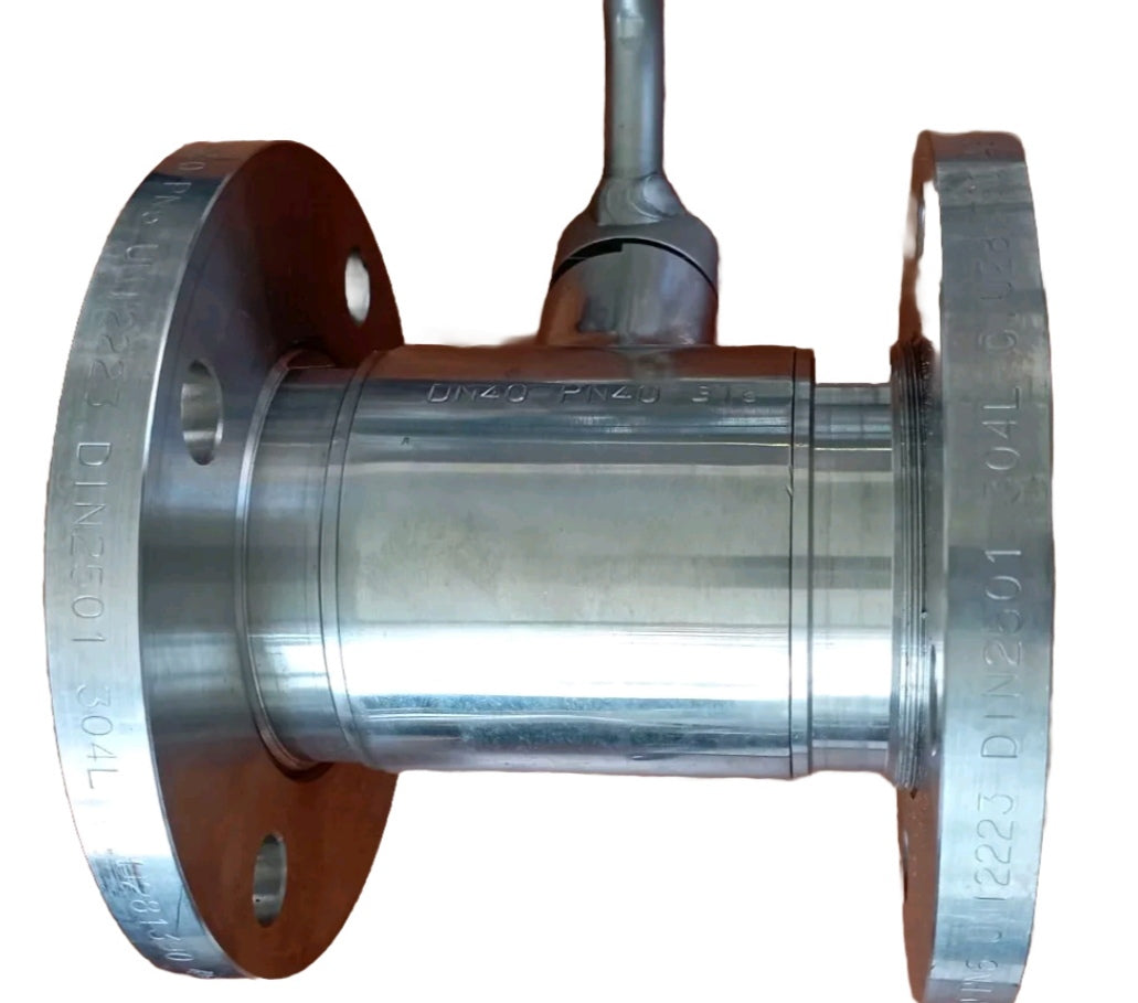 Valvola a sfera flangiata per gas in  acciaio inox aisi 316 DN40 PN40 con flange girevoli DN50 PN6 con leva per apertura e chiusura.