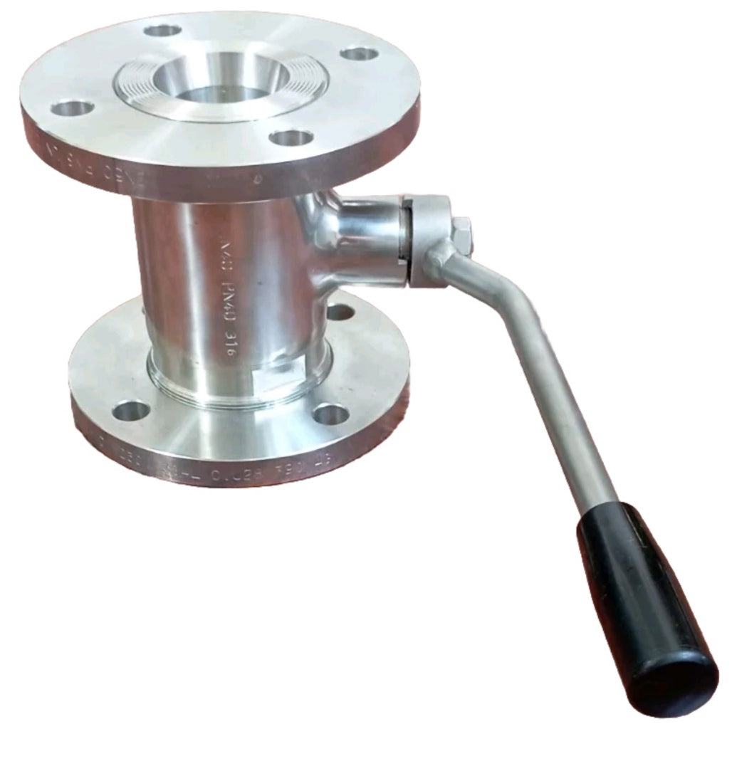 Valvola a sfera flangiata per gas in  acciaio inox aisi 316 DN40 PN40 con flange girevoli DN50 PN6 con leva per apertura e chiusura.