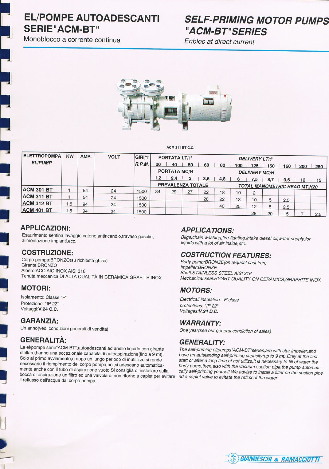 ACM 312 BT EL/POMPE AUTOADESCANTI GIANNESCHI E RAMACCIOTTI, NUOVE
