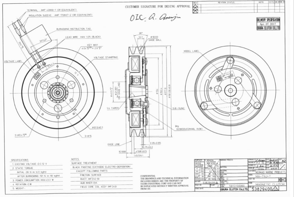 Frizione mobile elettromagnetica per pompe e compressori OGURA CLUTCH MODEL MA-7AJ-TH     DC-12V
