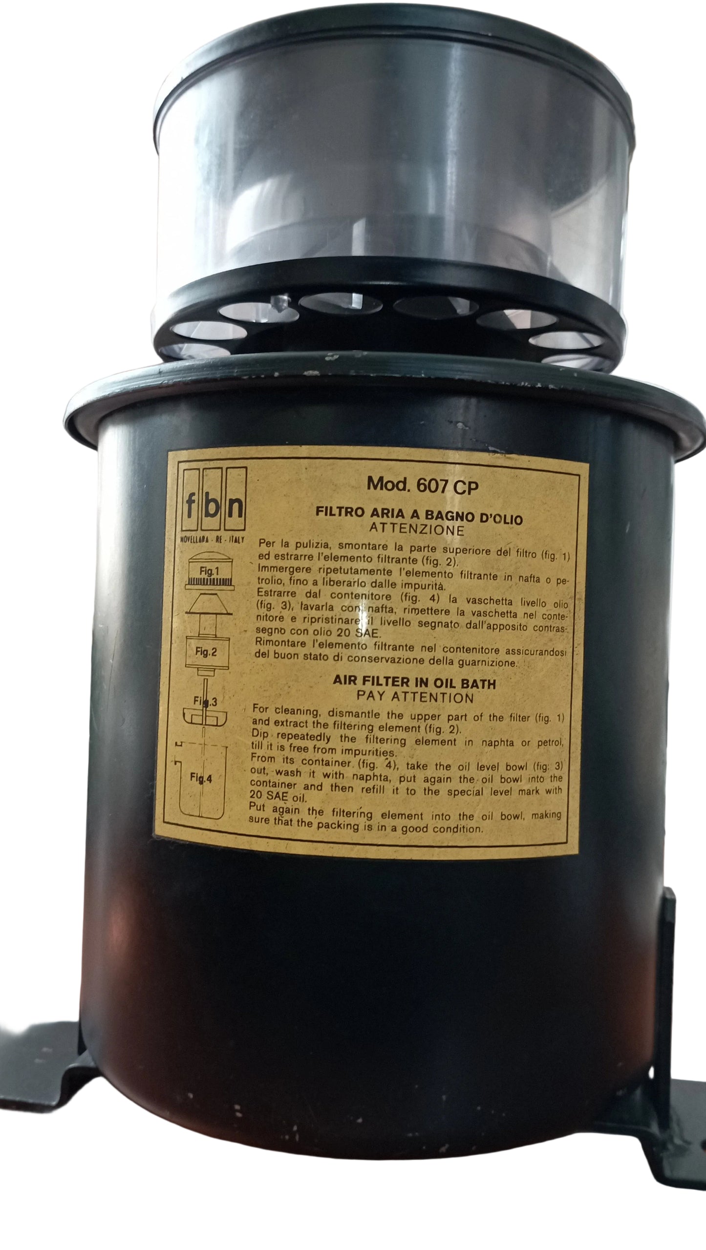 Filtro aria a bagno d'olio FBN Mod. 607 CP con prefiltro a ciclone, spesso utilizzato su motori agricoli come i Lombardini, VM