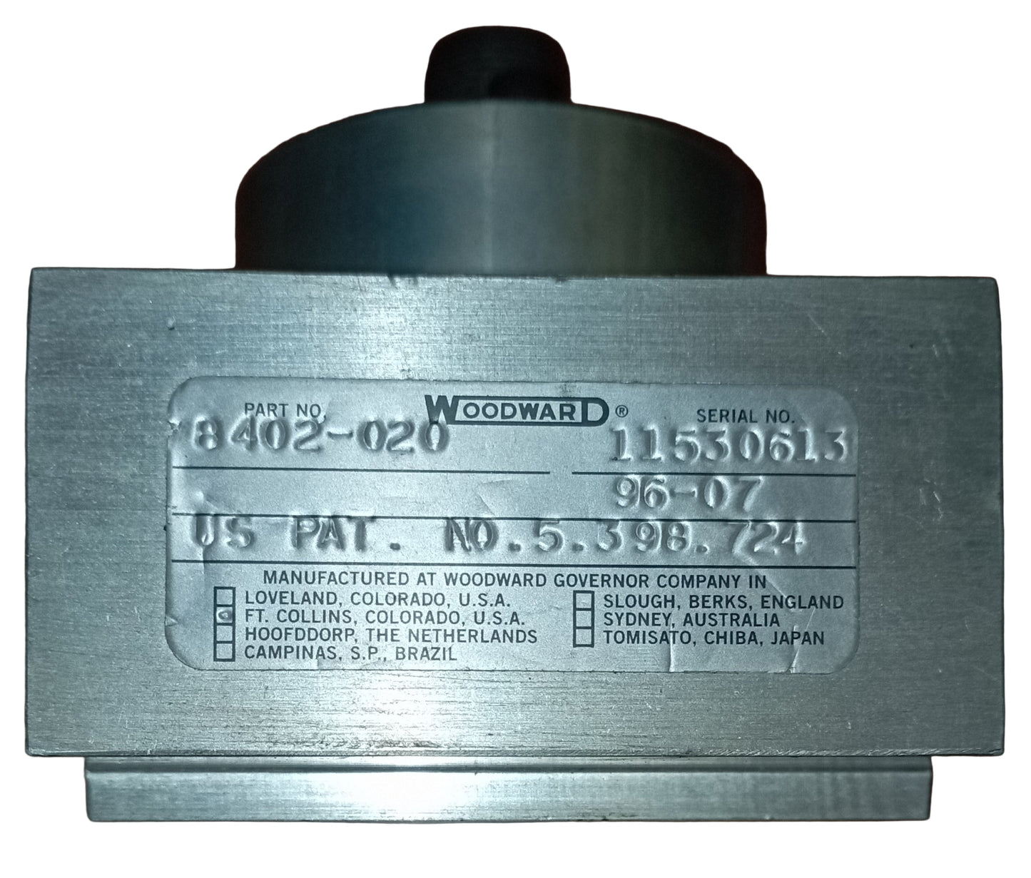 Elettrovalvola a solenoide Woodward 400 N 8402-020 attuatore pneumatico  8402020 US PAT. NO.5.398.724
