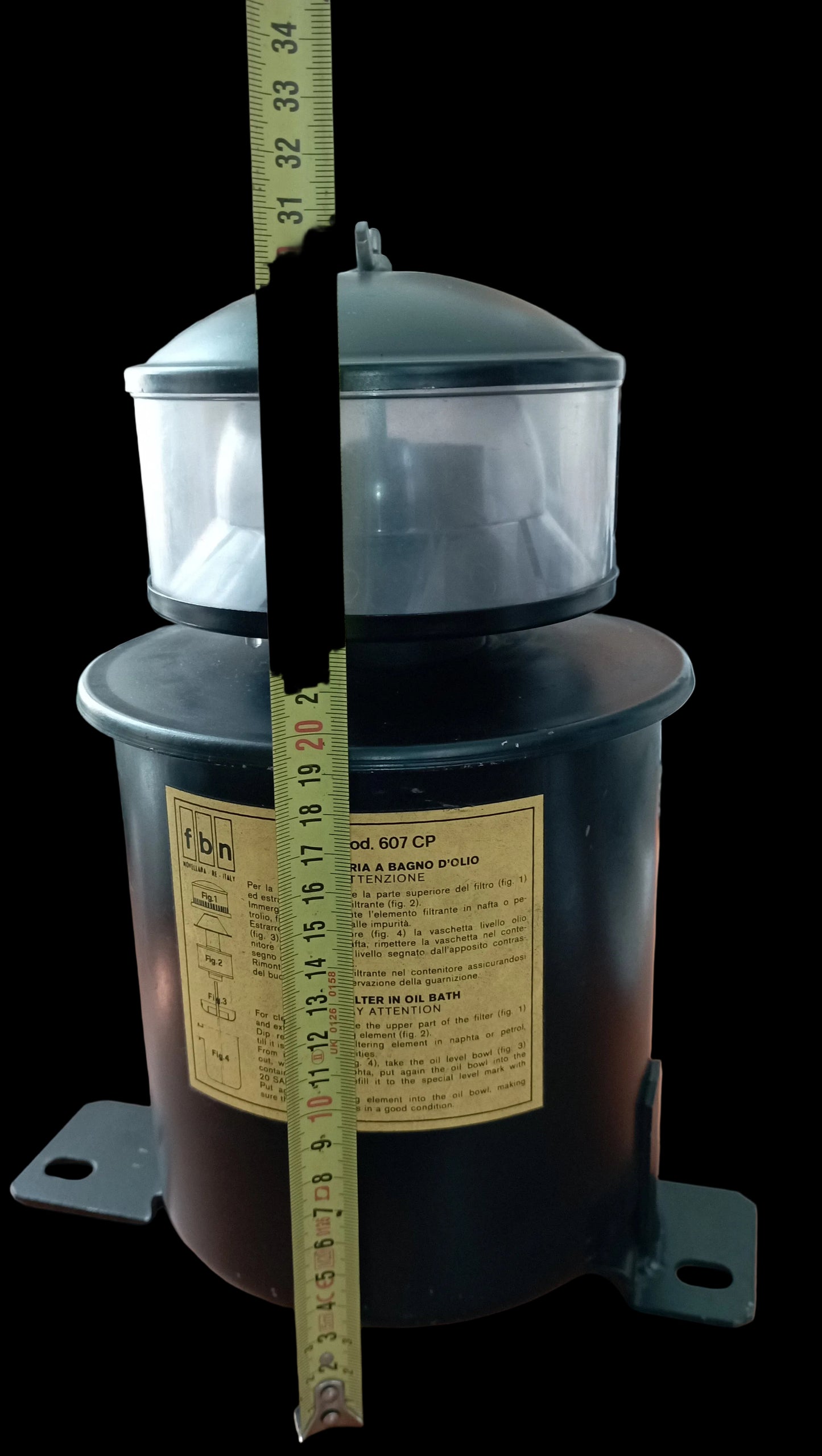 Filtro aria a bagno d'olio FBN Mod. 607 CP con prefiltro a ciclone, spesso utilizzato su motori agricoli come i Lombardini, VM